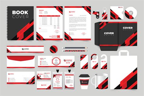 Brand identity design for office stationery with black and red shapes ...