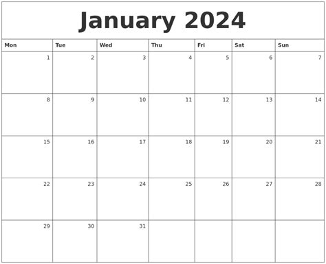 January 2024 Monthly Calendar