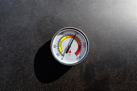 Premium Photo | A round thermometer showing 150 degrees celsius placed on a charcoal grill