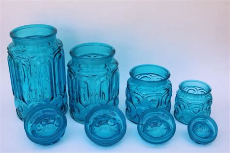 vintage four canister jars set LE Smith blue glass Moon & Stars pattern