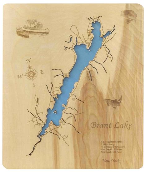 Brant Lake NY Wood Laser Cut Topographical Engraved Map | Etsy