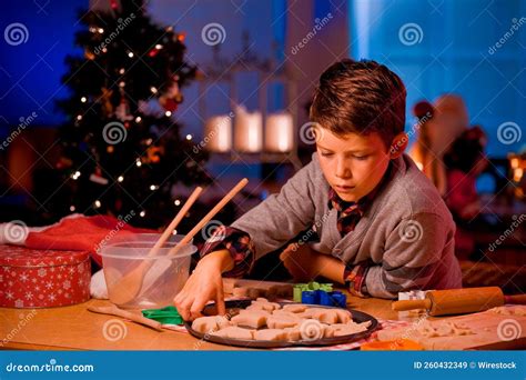 Little Caucasian Boy Making Christmas Cookies with Shapes Stock Image ...