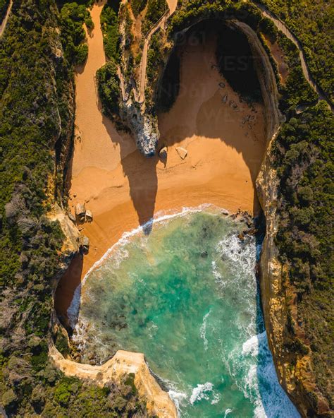 Aerial view of Loch Ard Gorge topdown on Great Ocean Road in Australia. stock photo