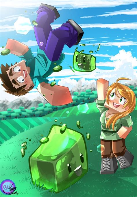 Steve and Alex playing with slimes by B0ss23 | Minecraft wallpaper, Minecraft drawings ...