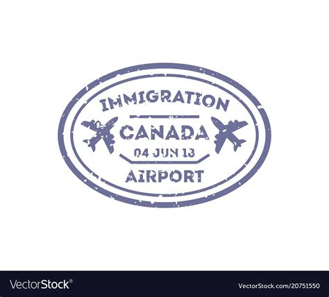 Canada country visa stamp on passport. International immigration sign, airport travel symbol ...