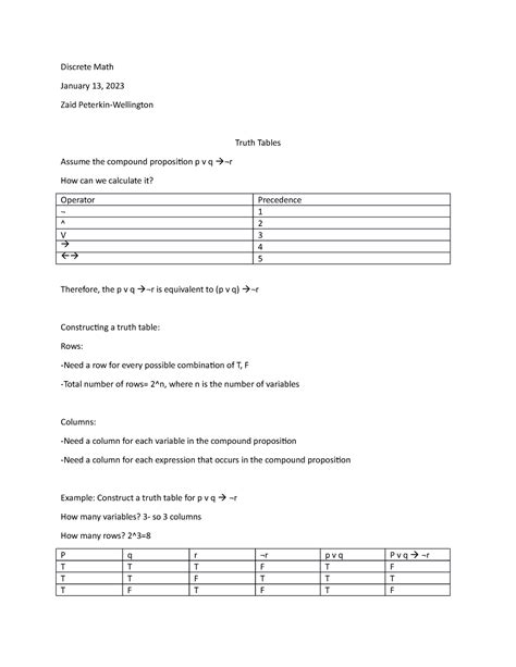 2.1.1-Truth Table - Discrete Math January 13, 2023 Zaid Peterkin-Wellington Truth Tables Assume ...