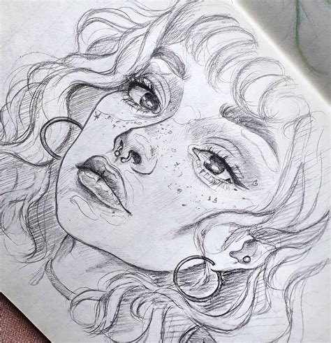 a pencil drawing of a woman's face with curly hair and glasses on it