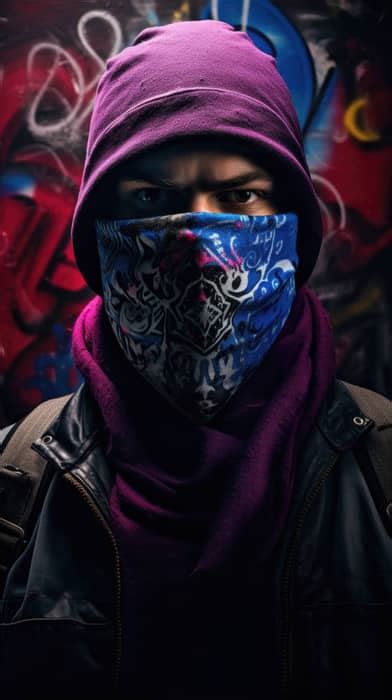 A dramatic image of a graffiti artist, his face obscured by a bandana, caught mid-spray against ...