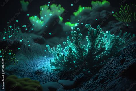 Underwater Bioluminescent plants. Marine landscape. Digital painting. Generative Ai. Stock ...