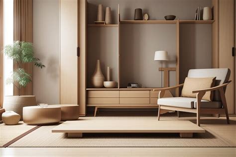 Premium AI Image | Cabinet in living room with tatami mat floor and sofa armchair design3d rendering