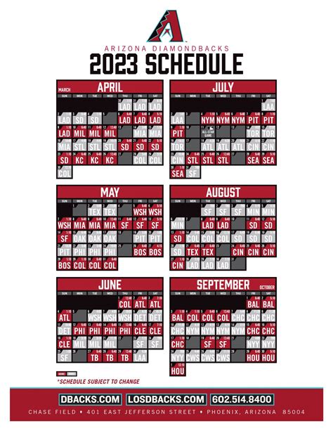 Arizona Diamondbacks Printable Regular Season Schedule – 2023 ...