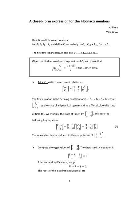 A closed-form expression for the Fibonacci numbers