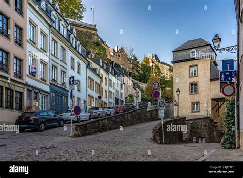 LUXEMBOURG CITY, LUXEMBOURG - SEPTEMBER 21: Street view of traditional houses in the historic ...