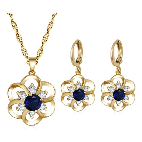 Royal Wholesale Fashion jewelry gold tone Blue Crystal Zircon Wedding Jewelry Sets Earrings ...