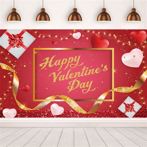 7x5ft Happy Valentine's Day Photography Backdrop Red Gold Theme Valentine's Day Photo Backdrop ...