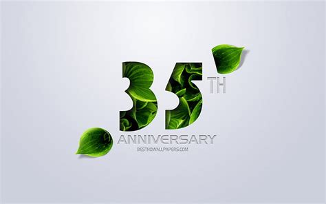 35th Anniversary sign, creative art, 35 Anniversary, green leaves, greeting card, HD wallpaper ...