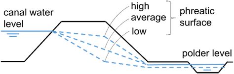 Schematic representation of possible phreatic surface levels (high ...