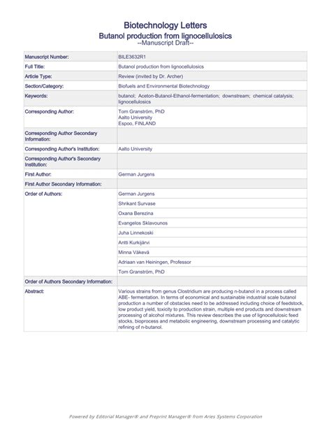 (PDF) Butanol production from lignocellulosics