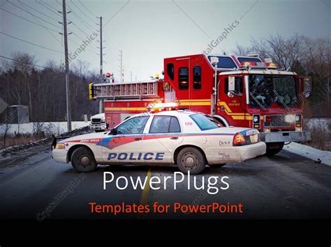 PowerPoint Template: a police car and a fire brigade vehicle on a road (11140)