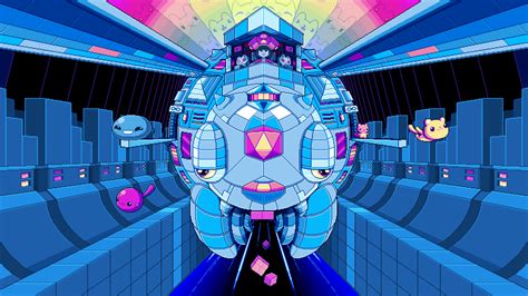 an animated image of a futuristic city with lots of colorful lights and shapes on the ceiling