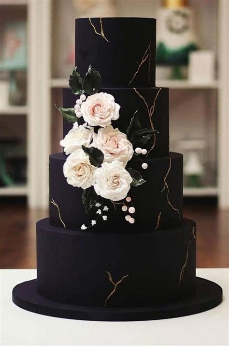 elegant black wedding cake with white sugar flowers | Deer Pearl Flowers