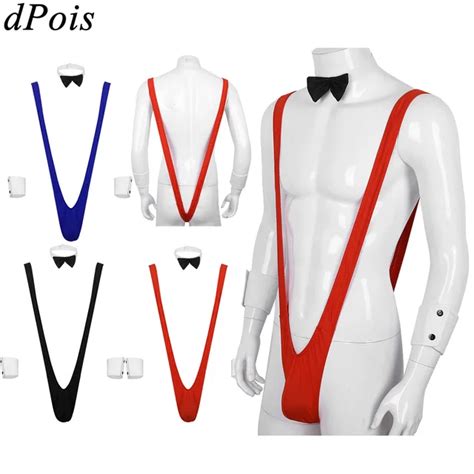 3Pcs Men Borat Mankini V Sling Shape Thong & Bowtie & Cuffs Suspender ...