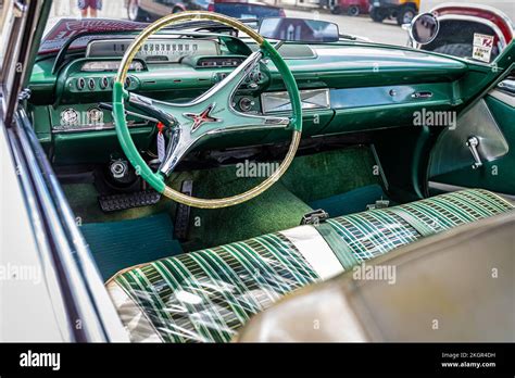 Des Moines, IA - July 03, 2022: High perspective detail interior view of a 1960 Dodge Dart ...