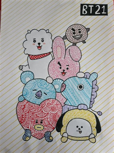 Bt21 💜 | Doodle art, Easy drawings sketches, Mandala drawing