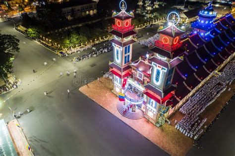 Aerial Night View of Meditating Followers of the Cao Dai Religion during Mid Autumn Festival of ...