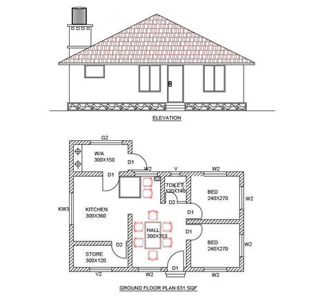 House Plan And Front Elevation Drawing PDF File (630 SQF) - Cadbull