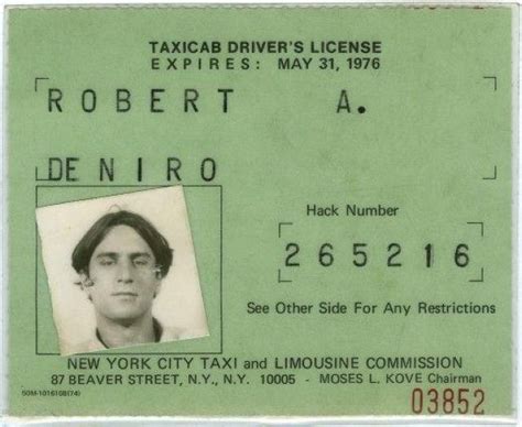 Robert De Niro's NYC Taxi Driver's Licence | Taxi cab, Taxi driver, Taxi