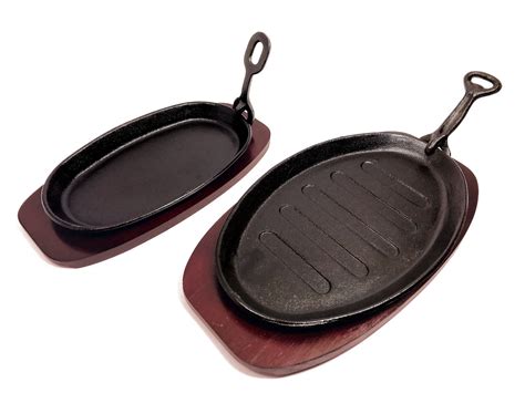 Steak Sizzle Cast Iron Sizzling Platter Serving Oven Plate Dish with Wooden Base | eBay