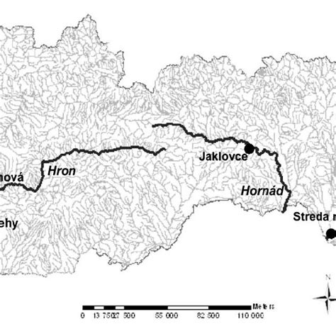 Map of Slovakia with the selected Slovak rivers and gauging stations ...