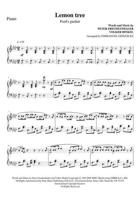 Lemon Tree (arr. Emmanuel González) by Fool'S Garden Sheet Music for Piano Solo at Sheet Music ...