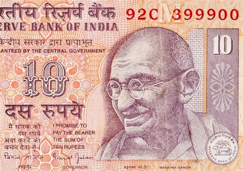 Mahatma Gandhi Face on Indian Bank Note Ten Rupees. 10 Rupee National ...