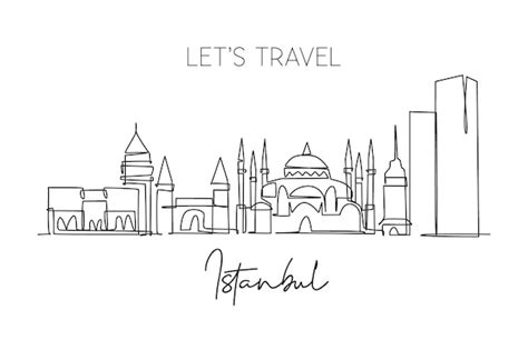 Premium Vector | One single line drawing istanbul city skyline turkey ...