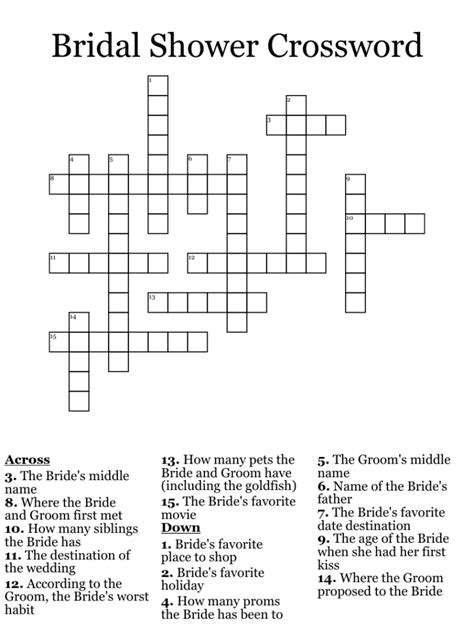 Wedding Crossword Puzzle - Free Crossword Puzzles Printable