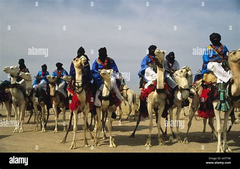 Tuareg tribesmen on their camels at the Festival in the Desert ...