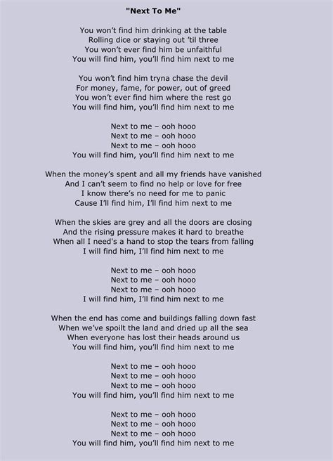 Next to Me Lyrics | Me too lyrics, Lyrics, All songs