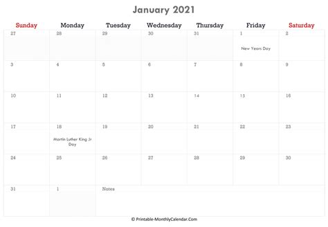 January 2021 Calendar Printable with Holidays