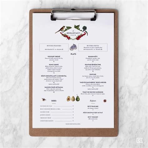 Le Breakfast Club menu card | Breakfast menu design, Menu design inspiration, Menu design