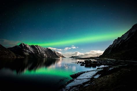 photography, Nature, Landscape, Starry Night, Mountains, Fjord, Road, Aurorae, Lights, Snow ...