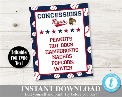 INSTANT DOWNLOAD Baseball 5x7 or 8x10 Concession Menu Sign / Editable You Type Text / Baseball ...