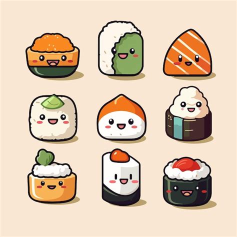 Premium Vector | Cute asian dishes cartoon sushi and rolls