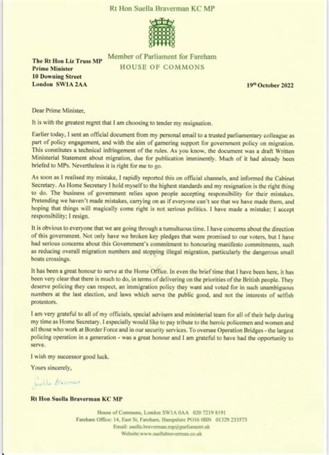 Suella Braverman – 2022 Resignation Letter as Home Secretary Sent to ...