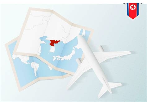 Travel to North Korea, top view airplane with map and flag of North ...