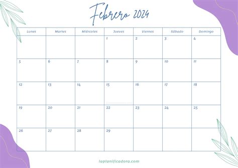 Calendarios Febrero 2024 💜 para imprimir