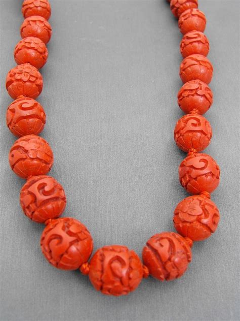 Vintage Cinnabar Necklace Floral Carved Beads 24" Vermeil Clasp Chinese #Unbranded #StrandString ...