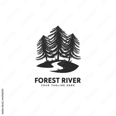 Forest and river logo, pine tree forest textured vintage logo icon illustration for camping and ...