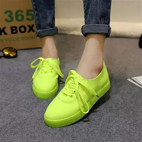 Neon shoes Women Stretch Canvas shoes Low Flats Lace up Fluorescent ...